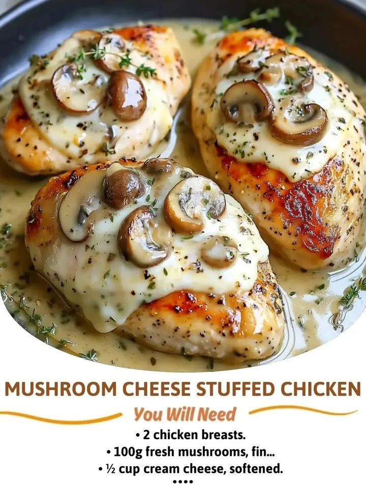 Savory mushroom cheese stuffed chicken dish on a plate