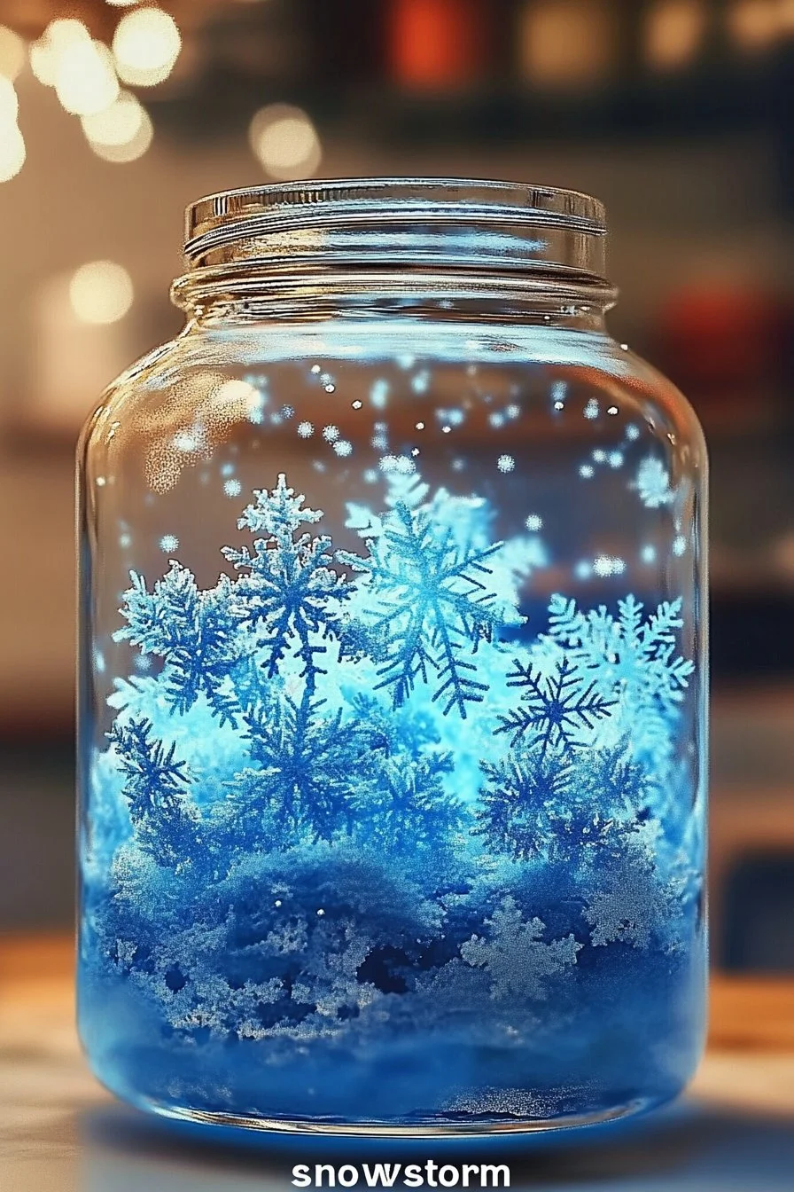 A snowy jarcraft depicting a mini snowstorm in a jar illustration