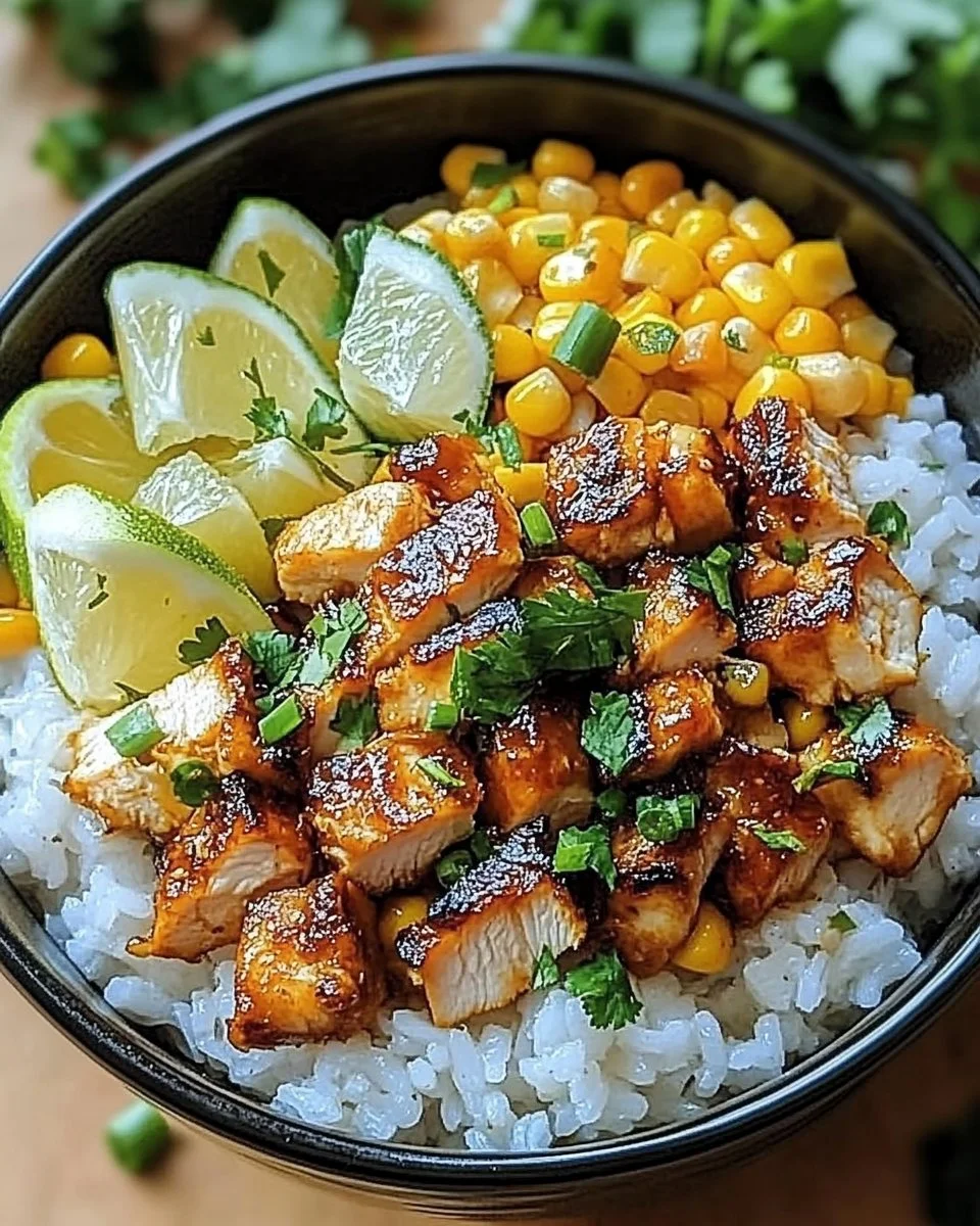Delicious street corn chicken rice bowl topped with fresh ingredients