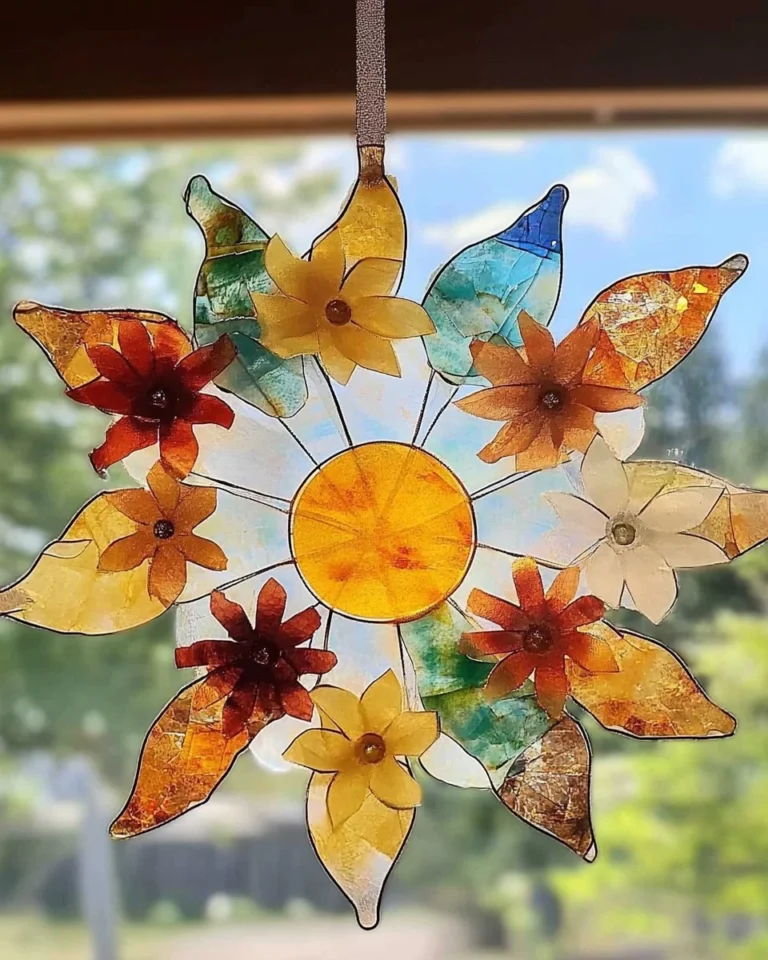 Colorful sun suncatcher craft reflecting sunlight in a bright room.