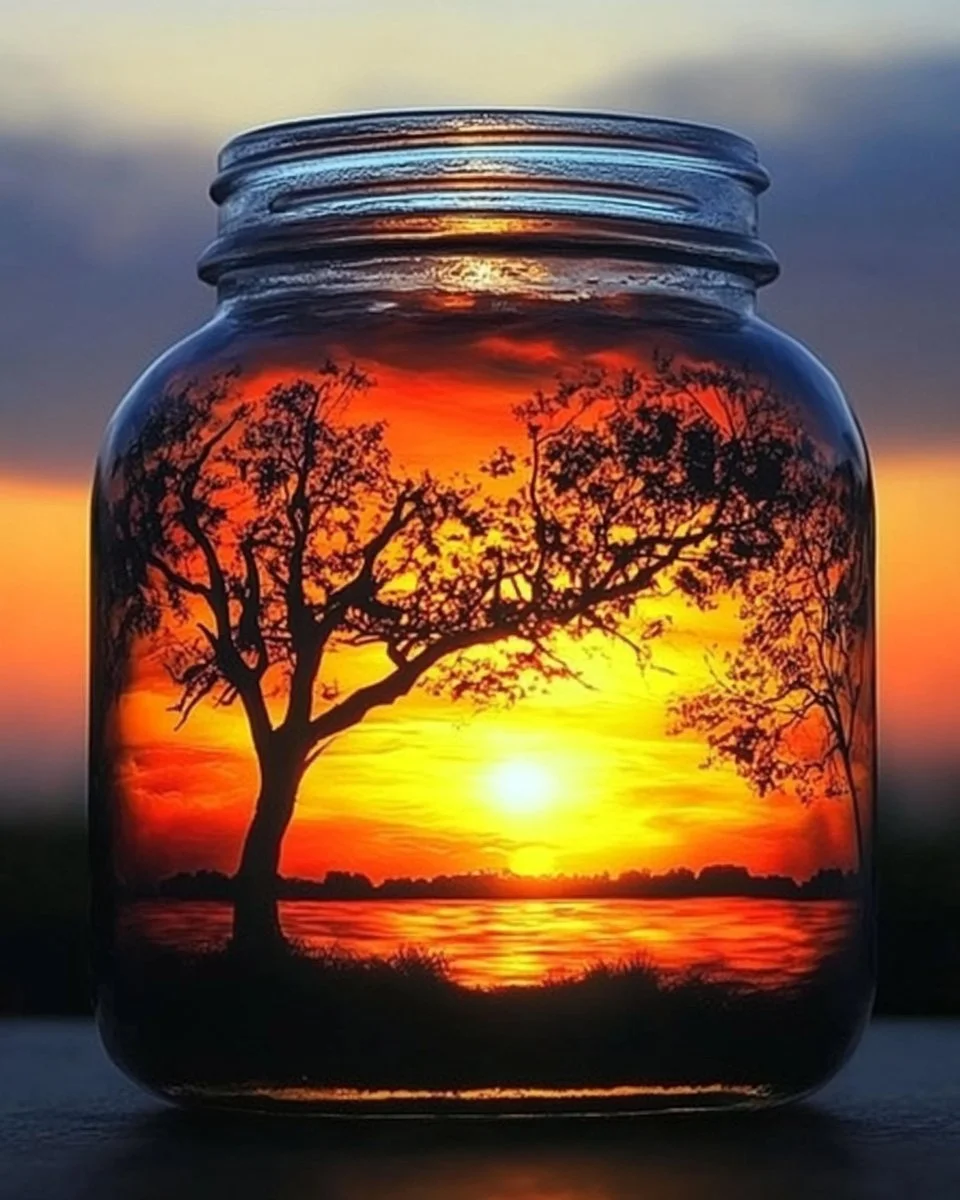 A beautiful sunset scene in a jar showcasing vibrant colors and serene ambiance.