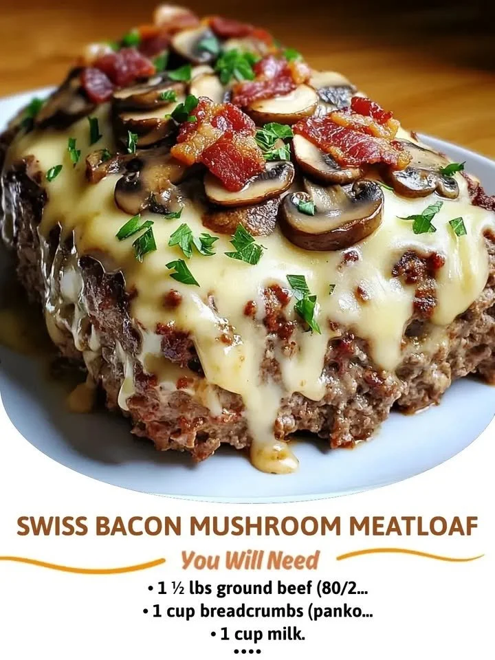 Swiss Bacon Mushroom Meatloaf with melted cheese and crispy bacon