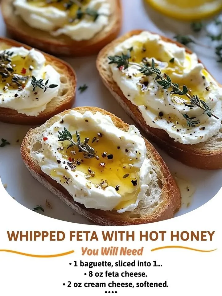 Delicious whipped feta topped with hot honey, served as an appetizer.