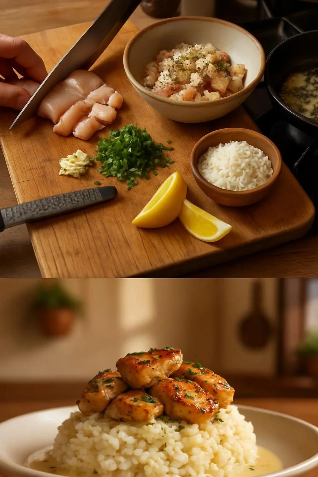 Delicious Chicken Scampi served over creamy garlic rice.