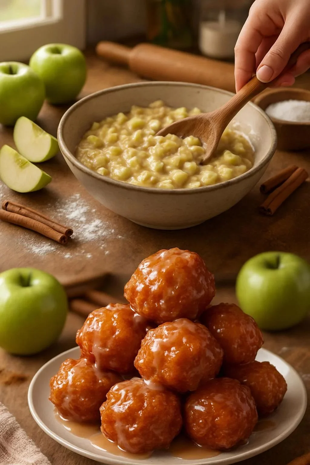 Delicious cinnamon glazed apple fritter bites topped with sweet glaze
