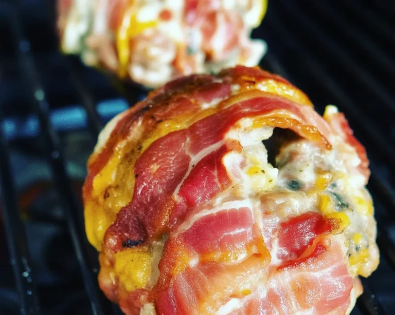 Creamy jalapeño popper chicken bombs wrapped in bacon, garnished with jalapeños.