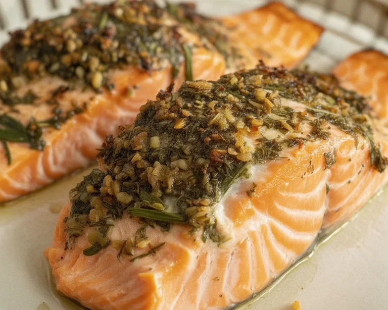 Crab and shrimp stuffed salmon dish served on a plate with garnish.