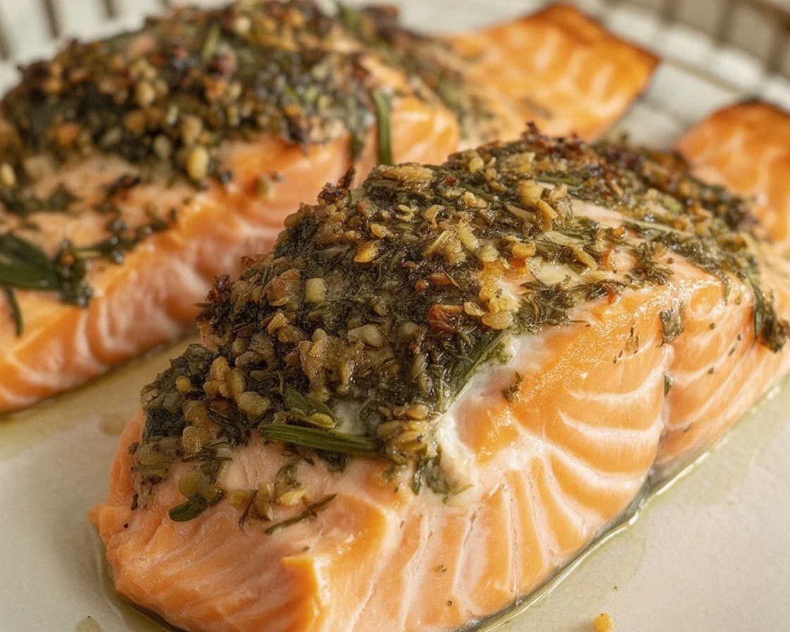 Crab and shrimp stuffed salmon dish served on a plate with garnish.