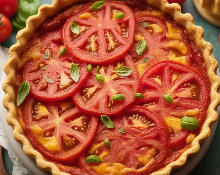 Delicious Tomato Pie with fresh tomatoes, basil, and cheese in a golden crust.