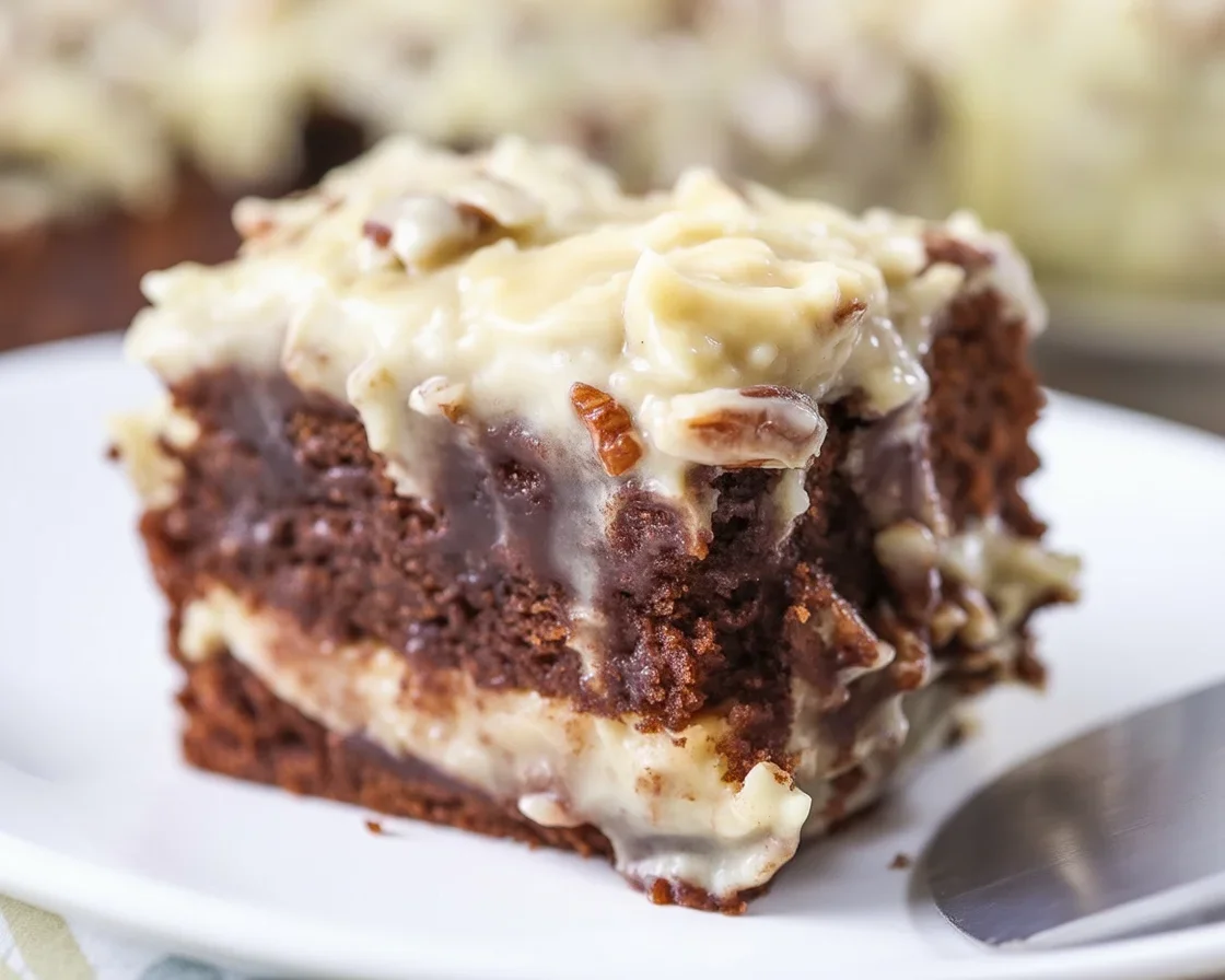 Slice of White German Chocolate Cake with a Cheesecake Center, showcasing creamy textures.