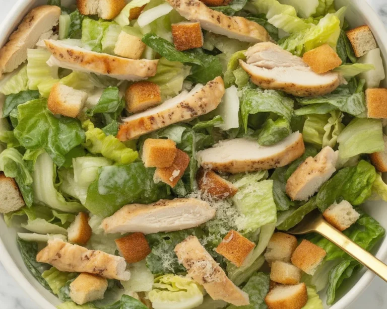 Delicious Chicken Caesar Salad with homemade croutons, juicy chicken, and fresh romaine.
