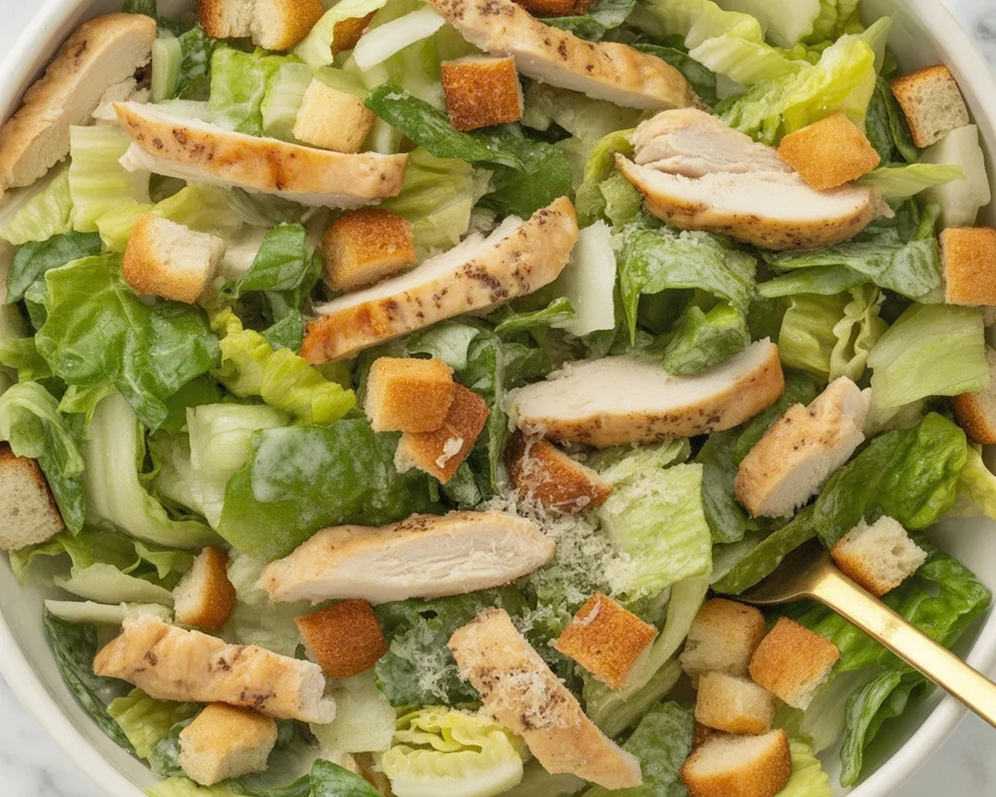 Delicious Chicken Caesar Salad with homemade croutons, juicy chicken, and fresh romaine.
