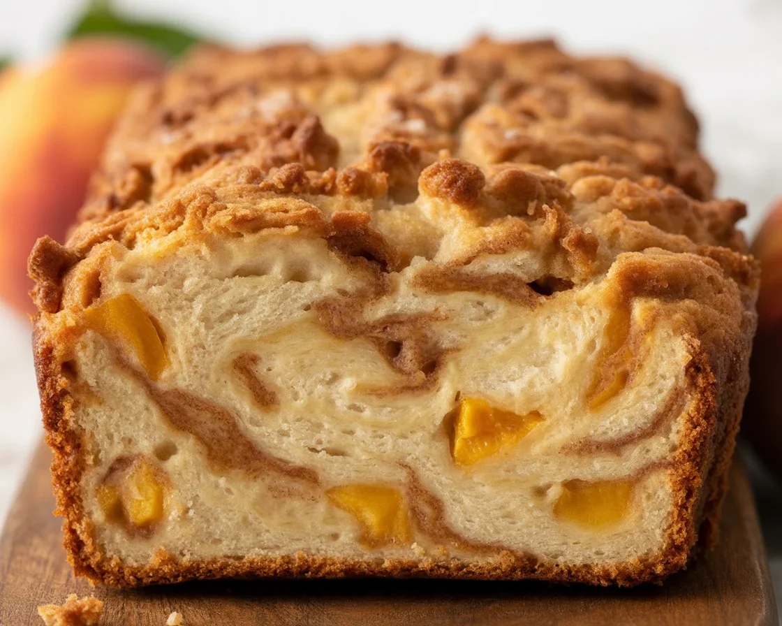 A loaf of peach bread filled with fresh peaches and a sweet glaze.