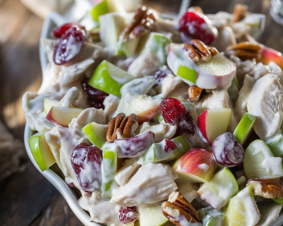 Cranberry Pecan Chicken Salad with chicken, cranberries, and pecans in creamy dressing.