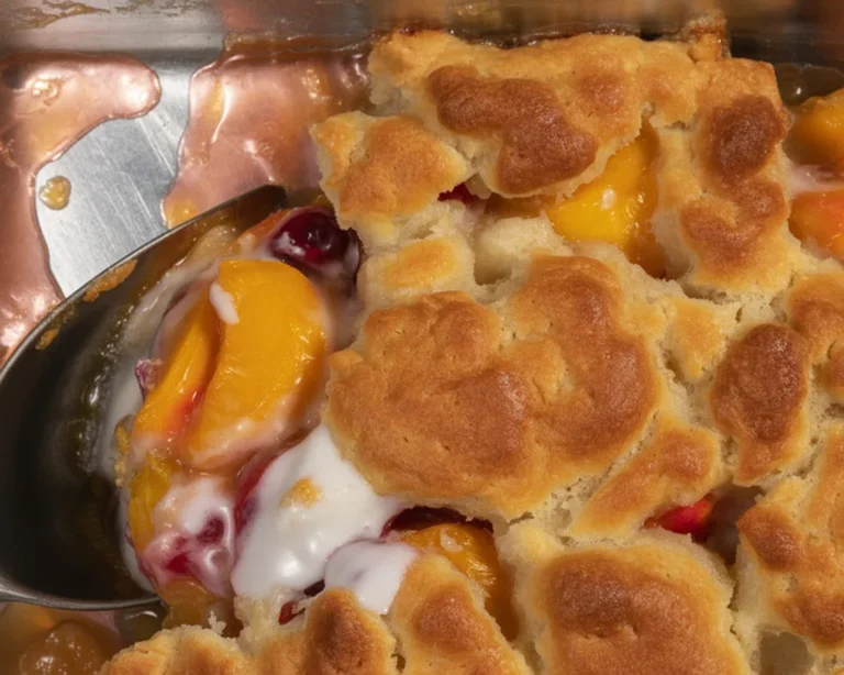 Delicious homemade Peach Cobbler with juicy peaches and a golden buttery topping.
