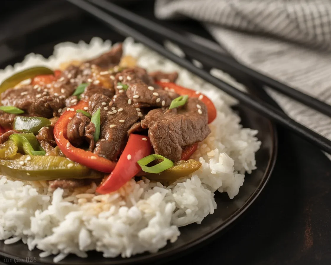 Delicious Peppe Steak in a Crock Pot with sliced beef and bell peppers