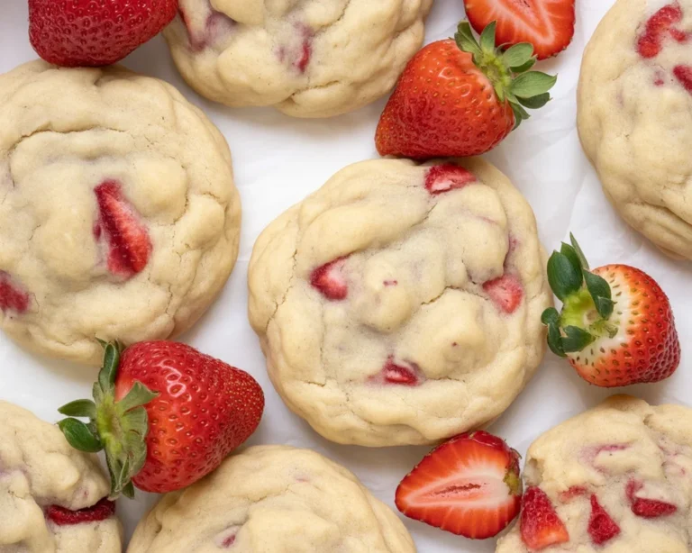 Strawberry Banana Pudding Cookies with layers of cookies, strawberries, and bananas