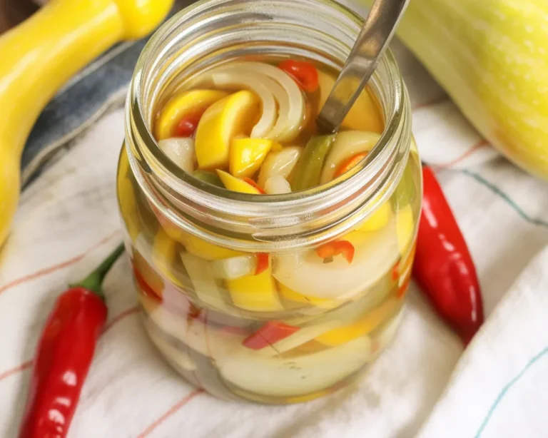 Bowl of Sweet Yellow Squash Pickles with colorful vegetables and spices.