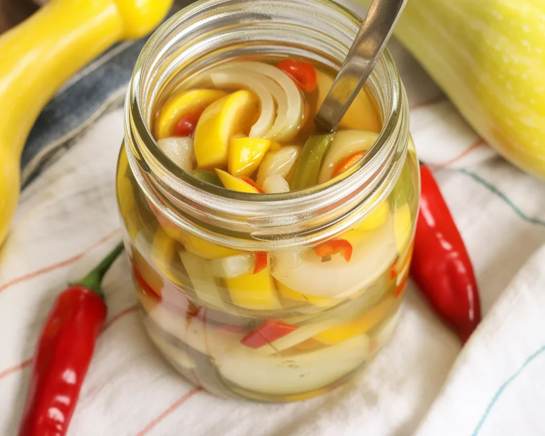 Bowl of Sweet Yellow Squash Pickles with colorful vegetables and spices.