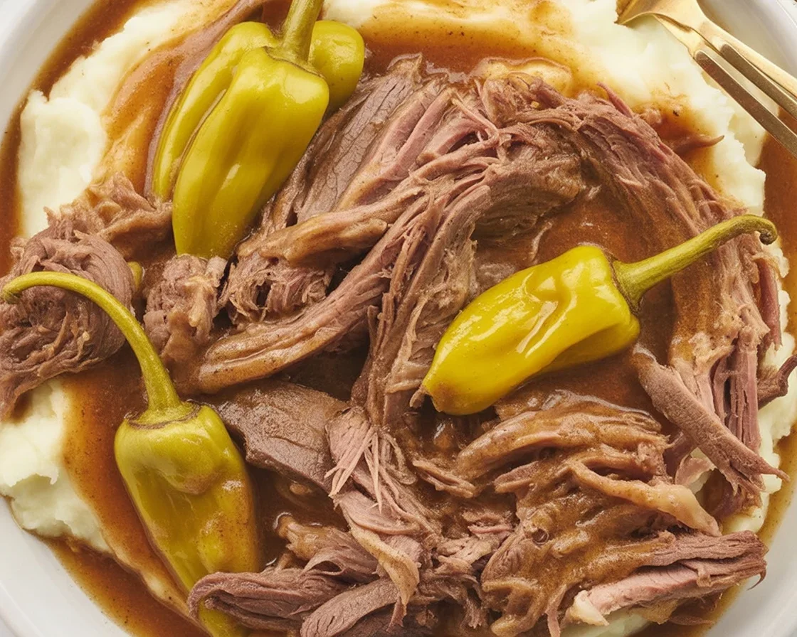 Delicious Mississippi Pot Roast made with chuck roast, peppers, and seasonings.