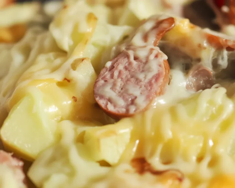 Delicious Cheesy Kielbasa Hashbrown Casserole with sausage, hash browns, and melted cheese.