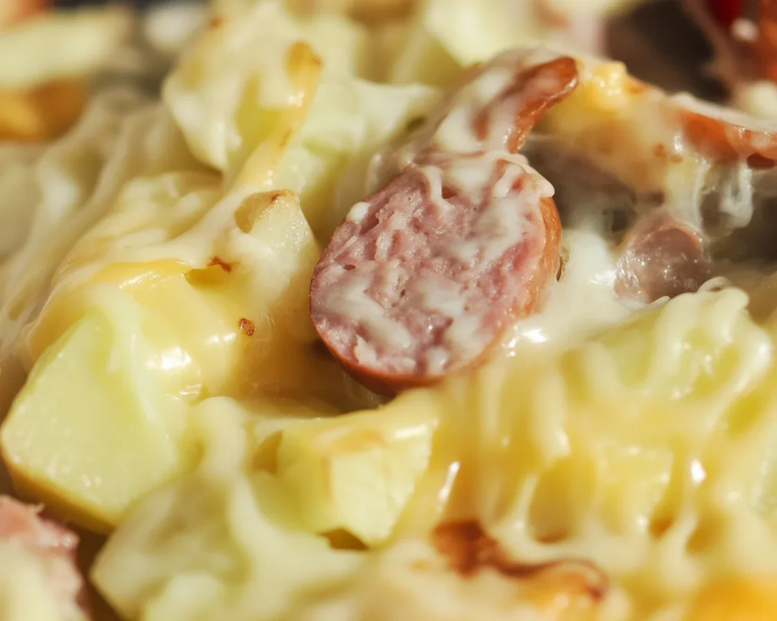 Delicious Cheesy Kielbasa Hashbrown Casserole with sausage, hash browns, and melted cheese.