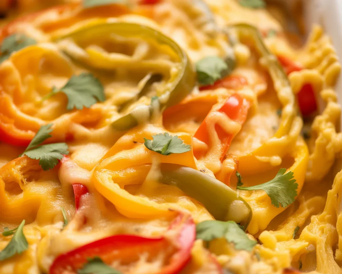 Delicious Fajita Chicken Casserole with chicken, bell peppers, and melted cheese.