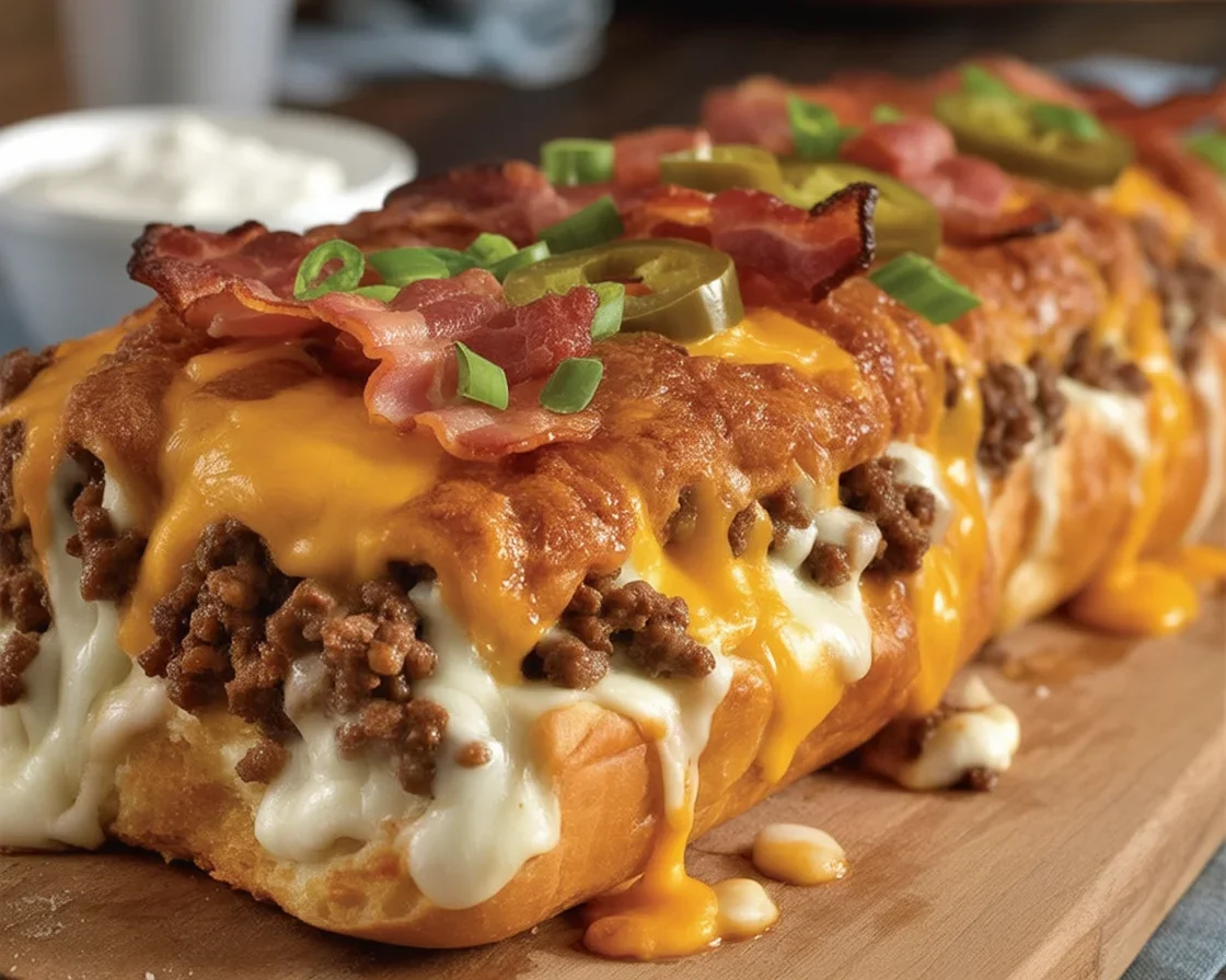 Delicious Garbage Bread Extravaganza filled with meat, cheese, and savory goodness.
