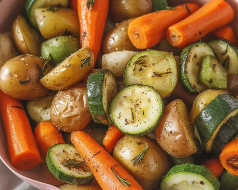Delicious Garlic Herb Roasted Potatoes, Carrots, and Zucchini served in a bowl.