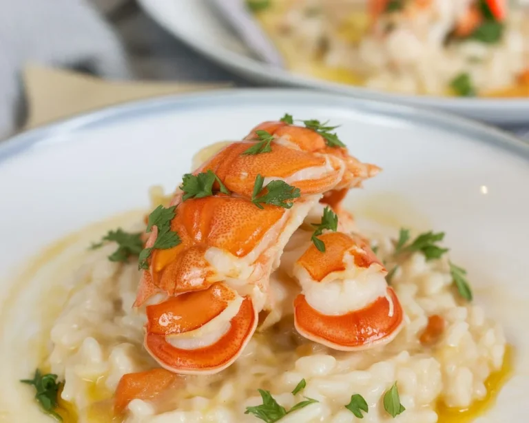 Butter-Poached Lobster Tails served over creamy risotto garnished with herbs.