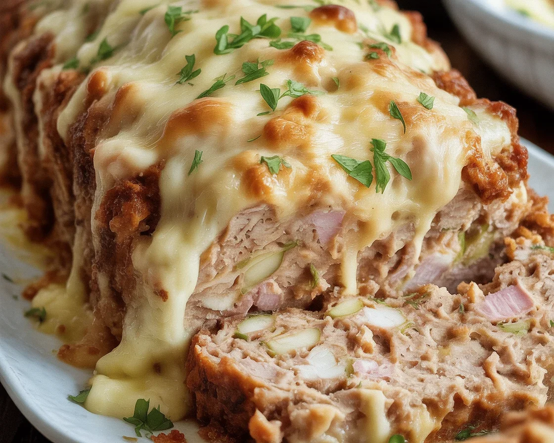 A slice of Chicken Cordon Bleu Meatloaf with ham and Swiss cheese on a plate