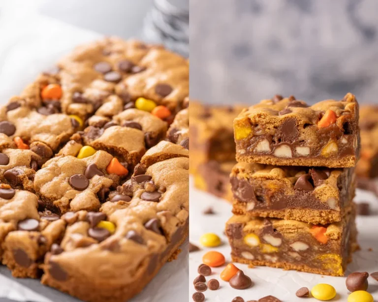 Delicious Reese's Pieces Chocolate Chip Cookie Bars with a chewy texture and peanut butter flavor.