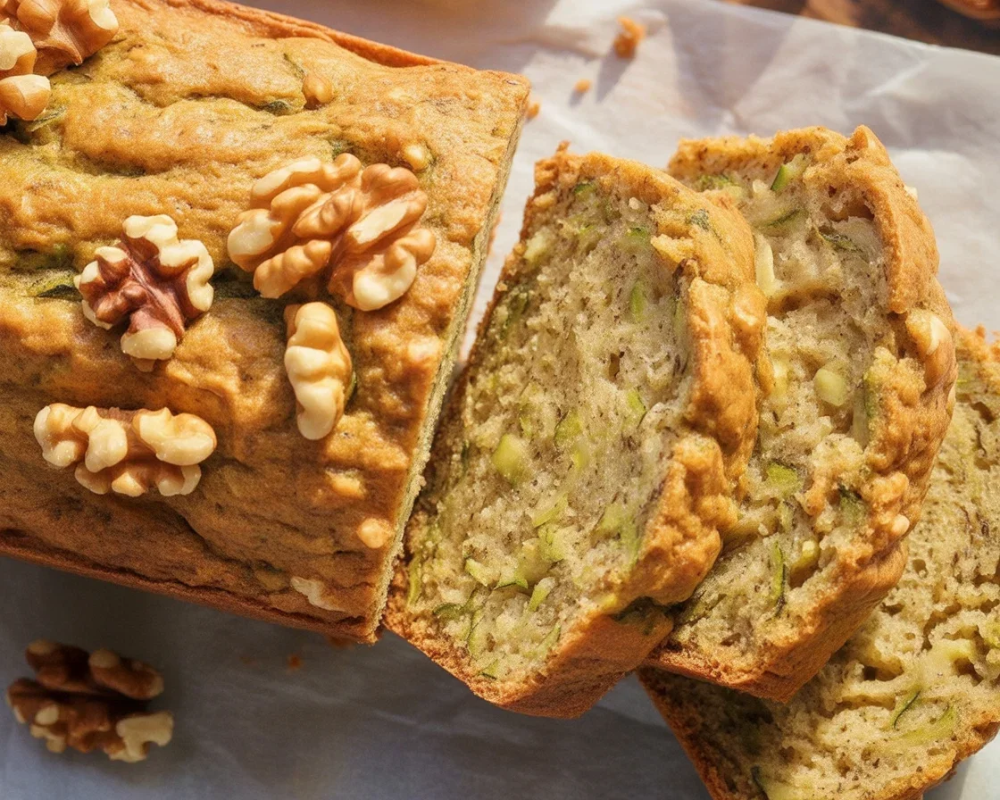 Delicious homemade zucchini bread with walnuts and cinnamon, perfect for breakfast.