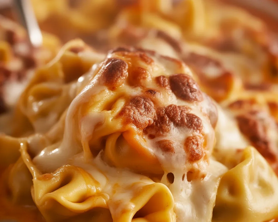 Cheese Tortellini Pepperoni Pizza Casserole topped with gooey cheese and pepperoni