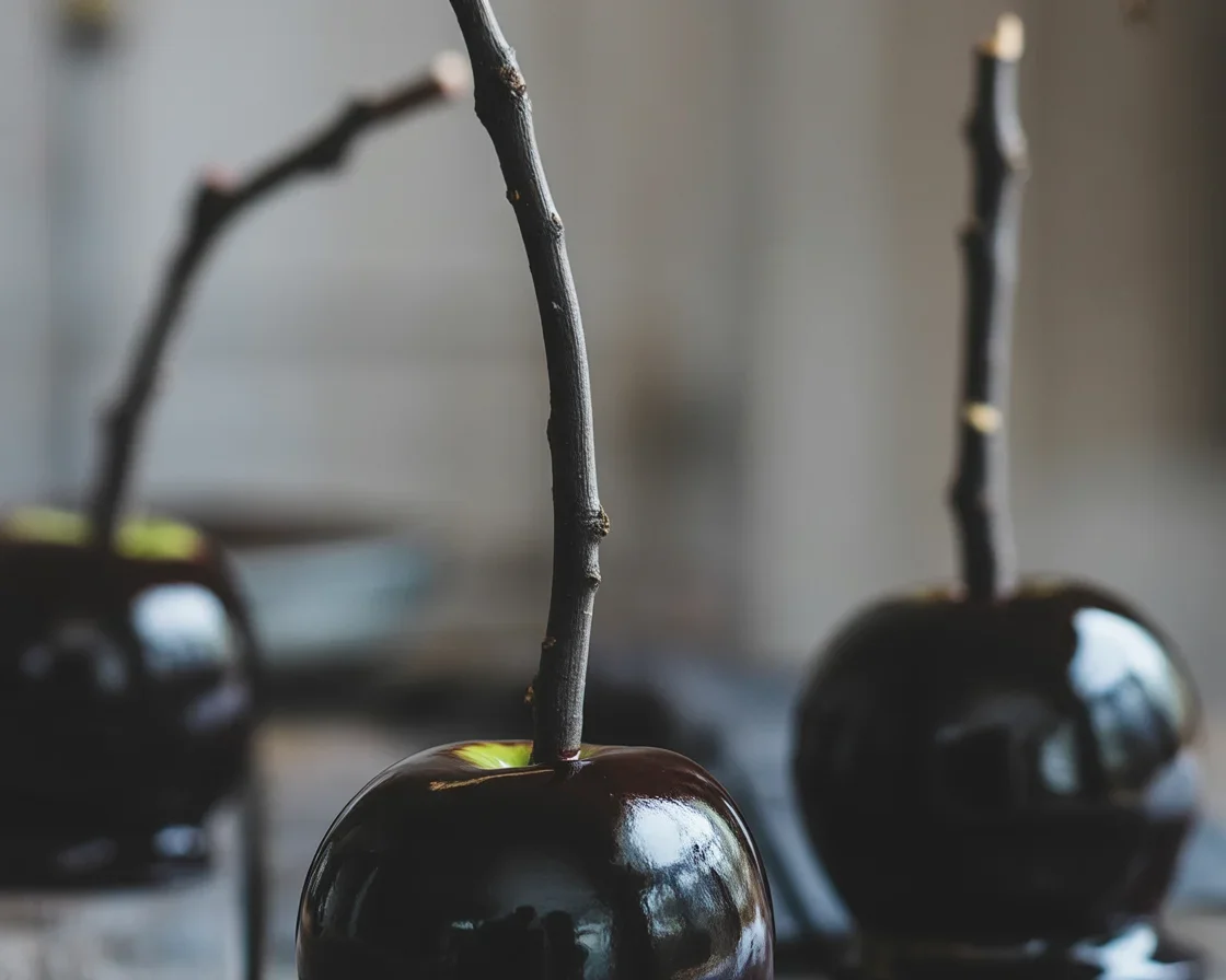 Black Poison Swirl Candy Apples decorated for Halloween celebrations.
