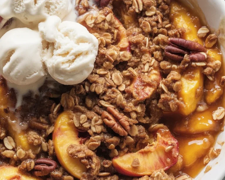 Delicious peach crisp with fresh peaches topped with a golden crumble.