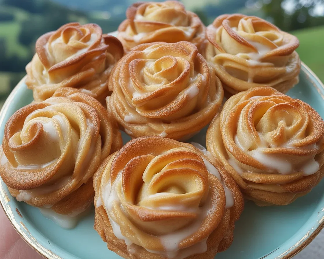 Freshly baked Peach Pie Cruffins with peach filling and golden crescent layers