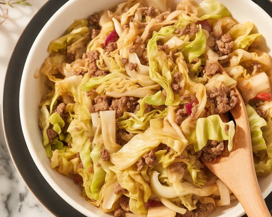 Delicious ground beef and chopped cabbage stir fry served in a skillet.