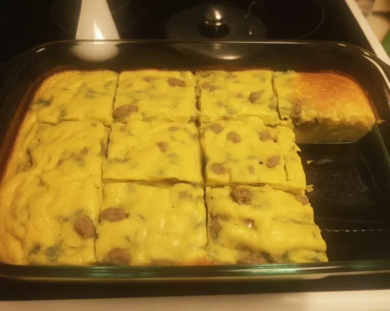 Pancake Sausage Breakfast Bake with layers of fluffy pancakes and savory sausage.