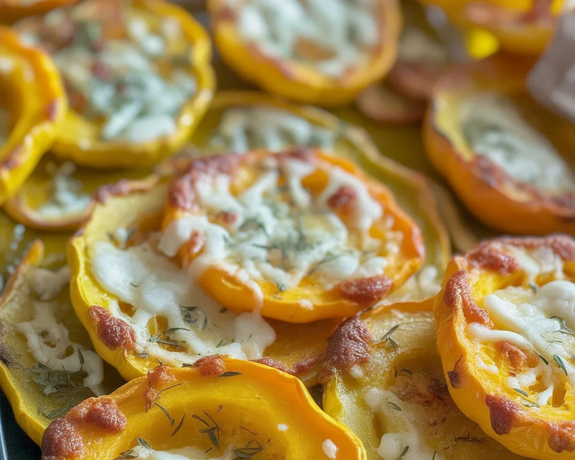 Baked Parmesan Squash garnished and ready to serve on a plate.