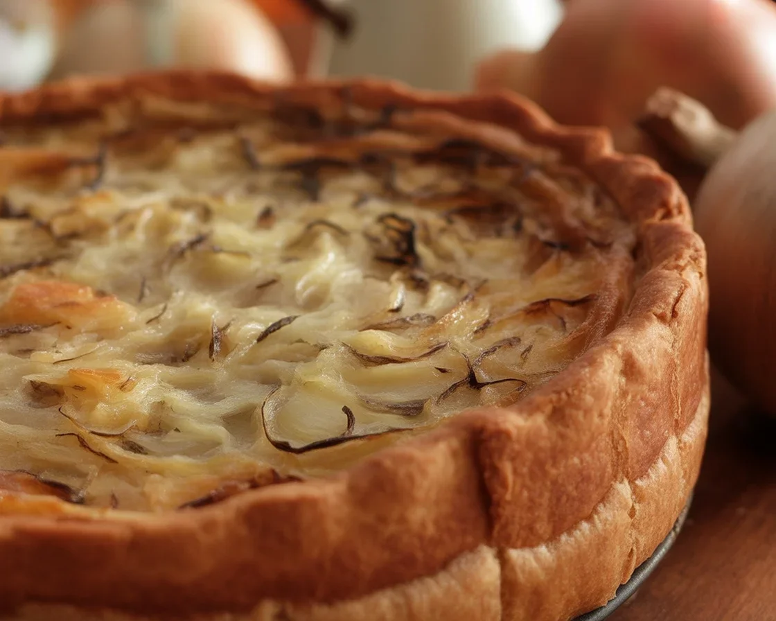 Slice of traditional German Onion Pie (Zwiebelkuchen) with caramelized onions and bacon on crust.