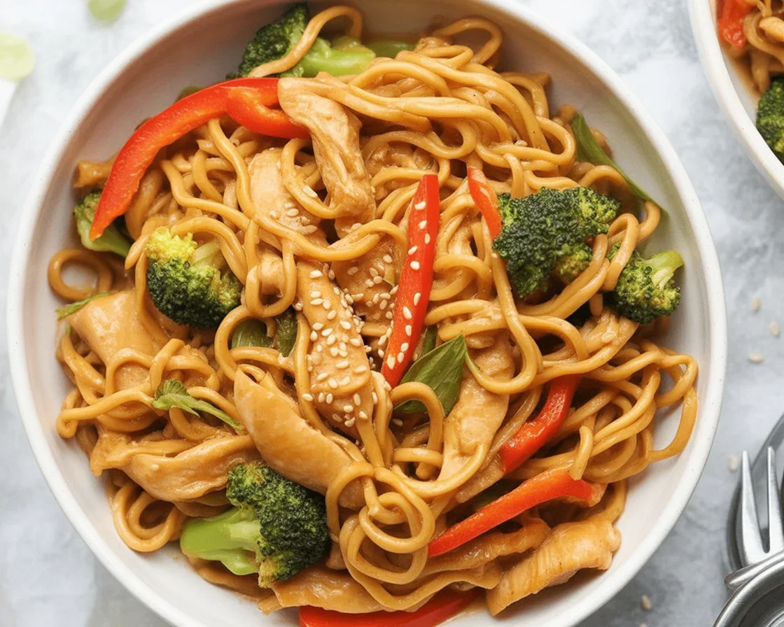 Garlic Chicken Lo Mein with stir-fried noodles, chicken, and vegetables.