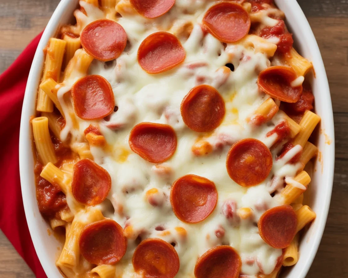 Delicious Meat Lovers Pizza Casserole with pasta, sausage, pepperoni, and melted cheese.