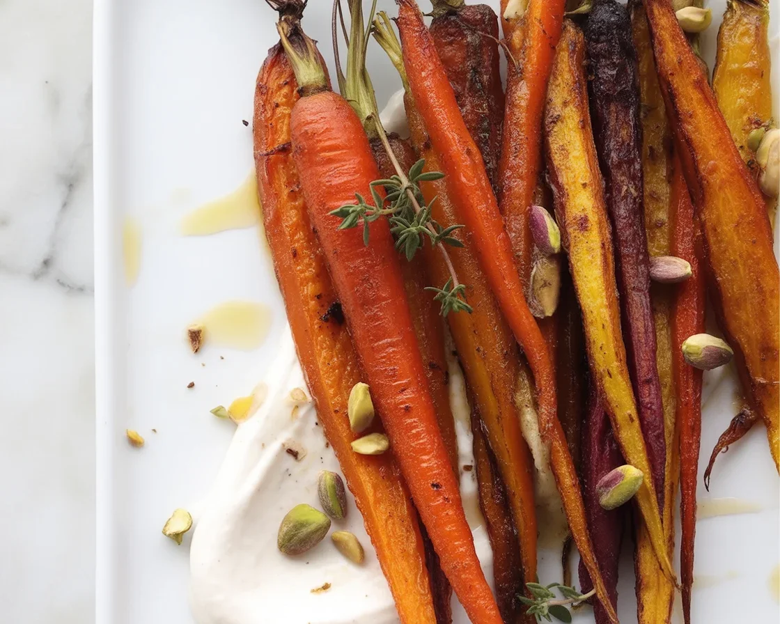 Roasted carrots with whipped ricotta and hot honey served on a platter.