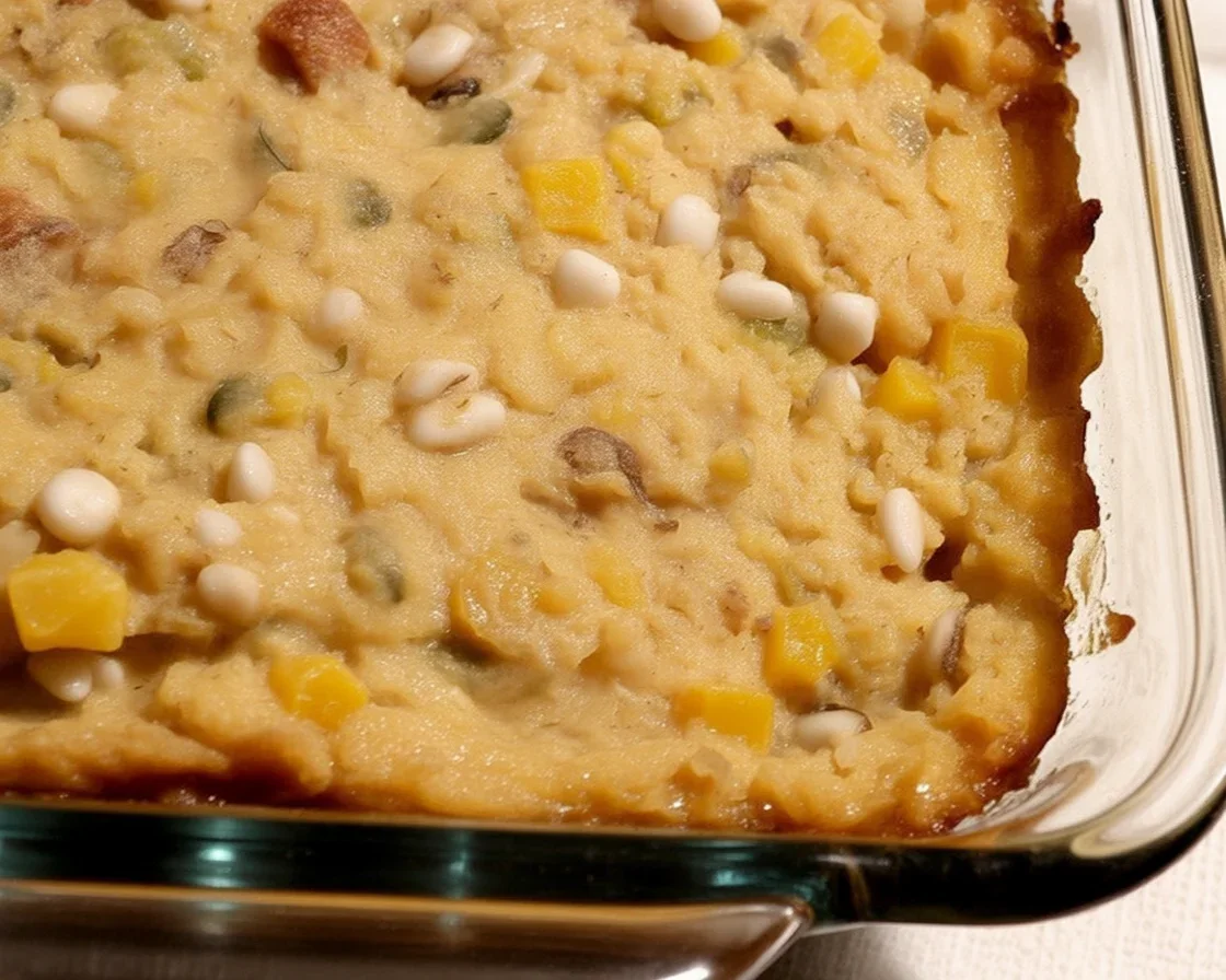 Delicious homemade squash dressing with cornbread and vegetables ready to serve.