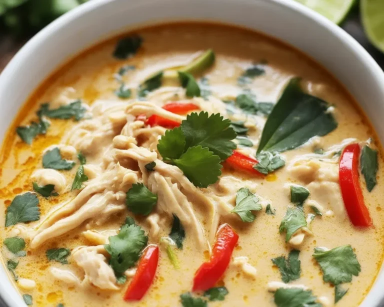 Delicious bowl of Crockpot Thai Coconut Chicken Soup with chicken, spices, and lime.