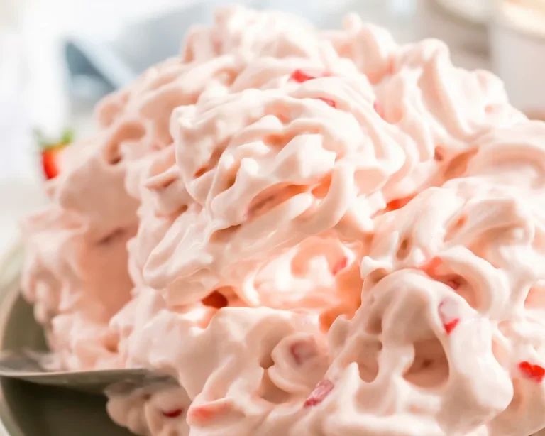 Delicious Strawberry Fluff Salad topped with fresh strawberries and mini marshmallows.