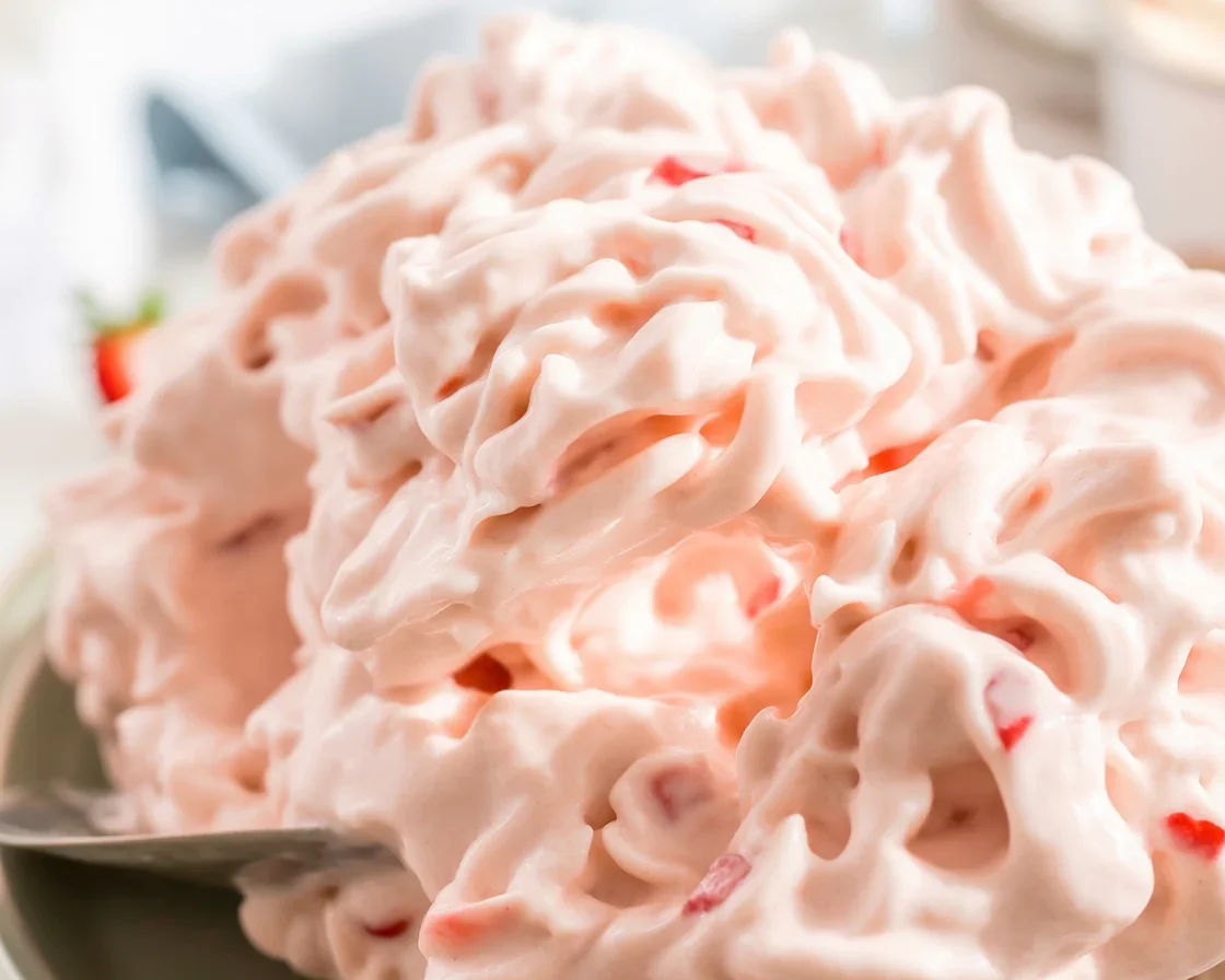 Delicious Strawberry Fluff Salad topped with fresh strawberries and mini marshmallows.