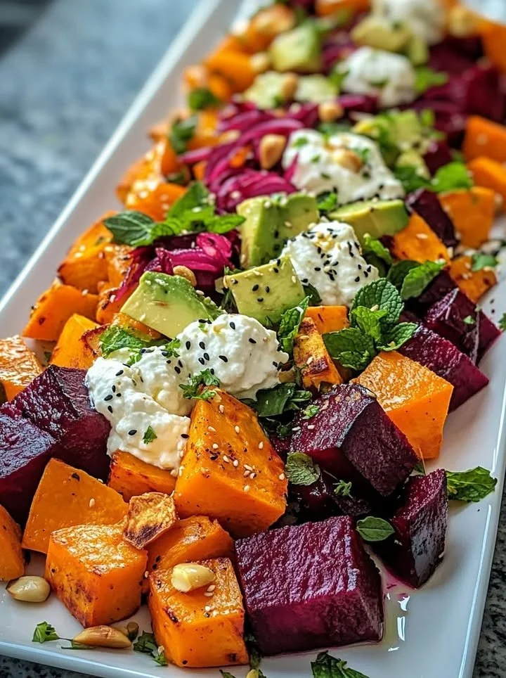 Autumn Harvest Platter salad with whipped ricotta, tahini-lemon drizzle, and macadamias