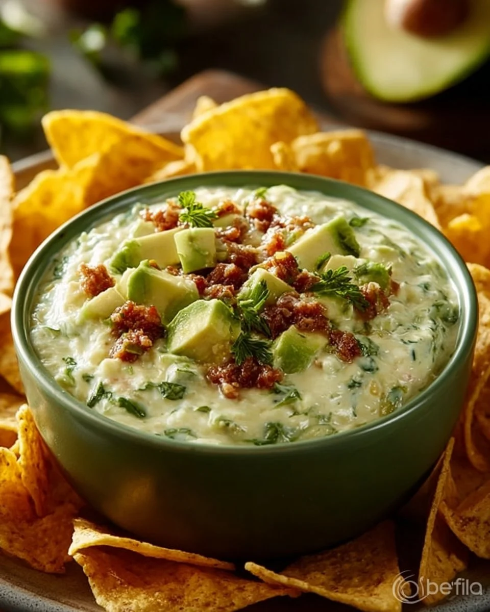 Creamy avocado sausage dip served in a bowl with tortilla chips